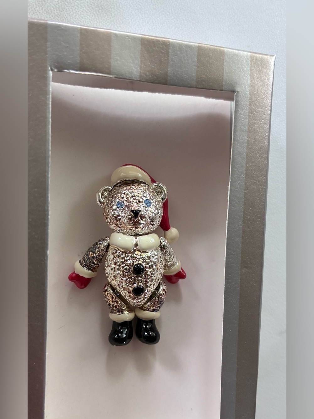 Napier Teddy Bear Articulating Christmas Brooch Pin Vintage Retro Silver Tone